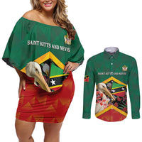 Personalized Saint Kitts and Nevis Couples Matching Off Shoulder Short Dress and Long Sleeve Button Shirt Pelican With Poinciana Flowers - Wonder Print Shop