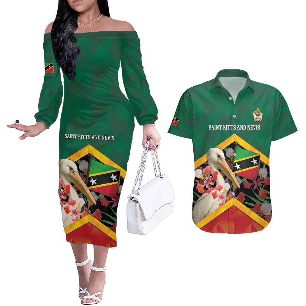 Personalized Saint Kitts and Nevis Couples Matching Off The Shoulder Long Sleeve Dress and Hawaiian Shirt Pelican With Poinciana Flowers - Wonder Print Shop