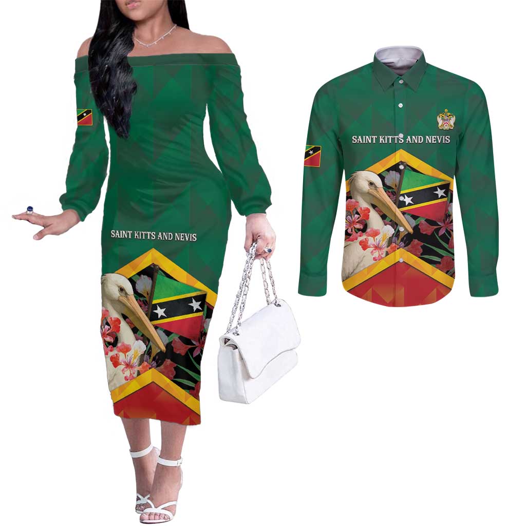 Personalized Saint Kitts and Nevis Couples Matching Off The Shoulder Long Sleeve Dress and Long Sleeve Button Shirt Pelican With Poinciana Flowers - Wonder Print Shop