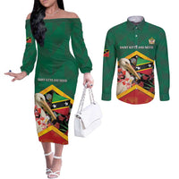Personalized Saint Kitts and Nevis Couples Matching Off The Shoulder Long Sleeve Dress and Long Sleeve Button Shirt Pelican With Poinciana Flowers - Wonder Print Shop