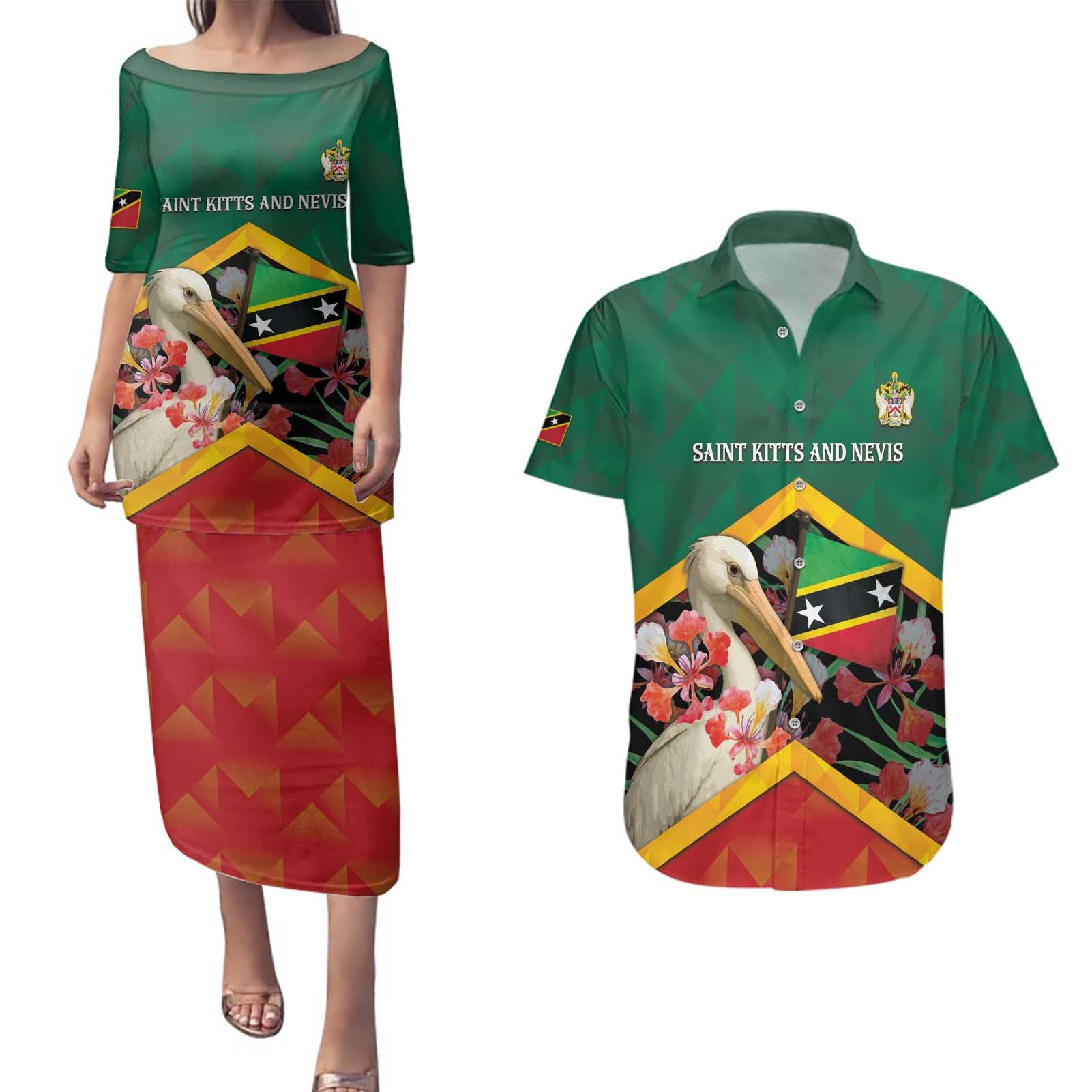 Personalized Saint Kitts and Nevis Couples Matching Puletasi and Hawaiian Shirt Pelican With Poinciana Flowers - Wonder Print Shop