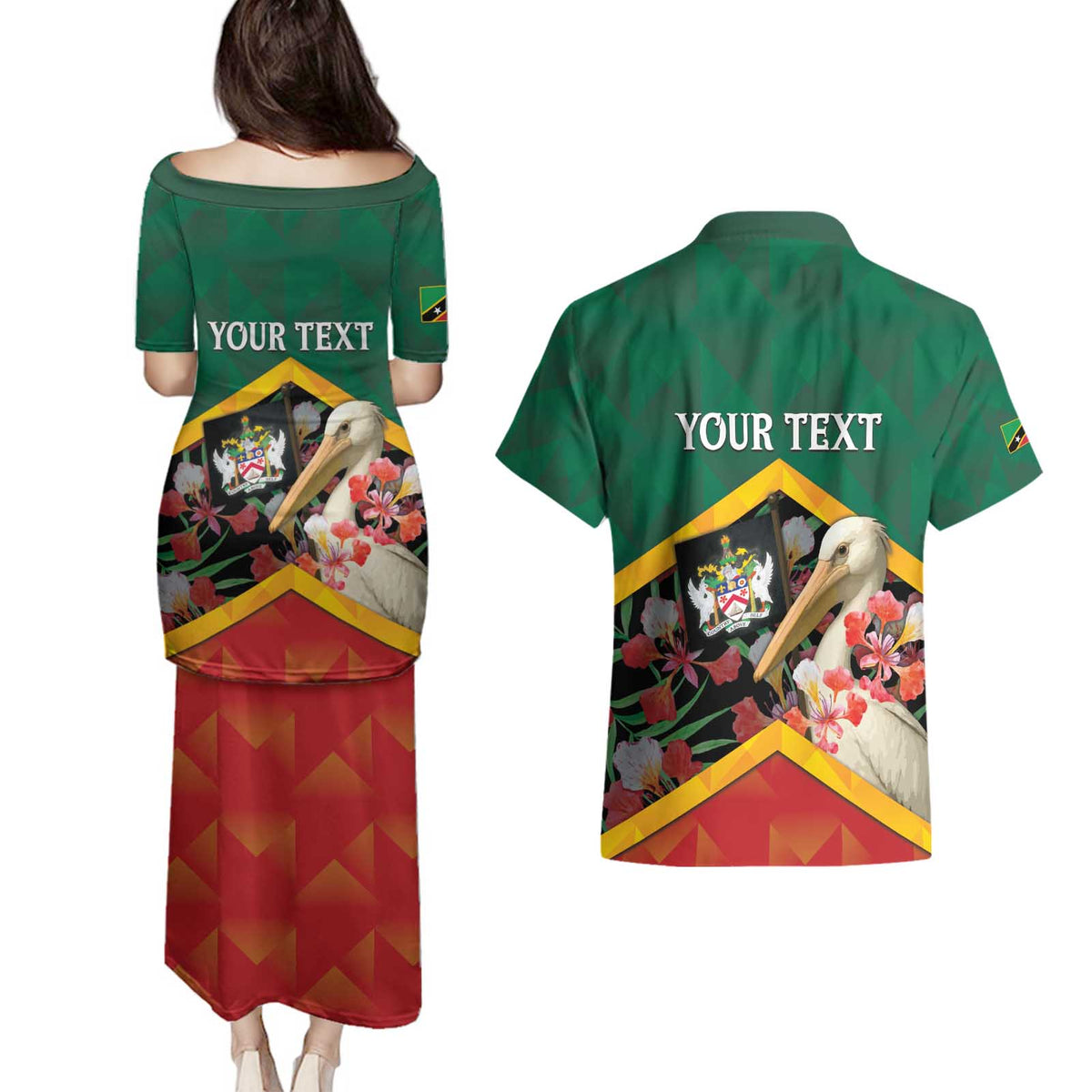 Personalized Saint Kitts and Nevis Couples Matching Puletasi and Hawaiian Shirt Pelican With Poinciana Flowers - Wonder Print Shop