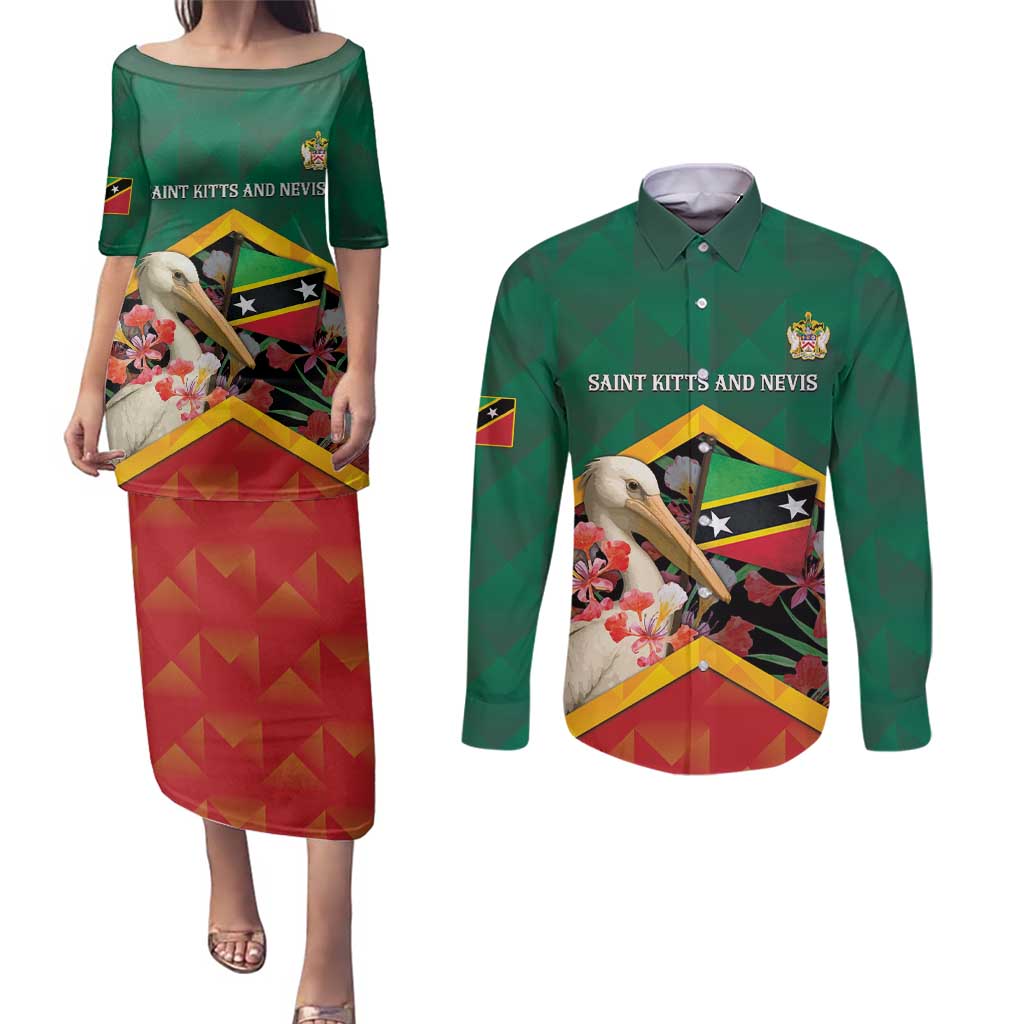 Personalized Saint Kitts and Nevis Couples Matching Puletasi and Long Sleeve Button Shirt Pelican With Poinciana Flowers - Wonder Print Shop