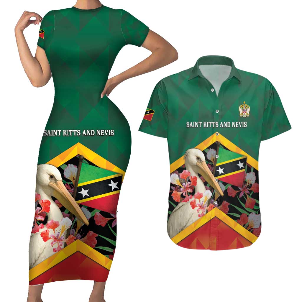 Personalized Saint Kitts and Nevis Couples Matching Short Sleeve Bodycon Dress and Hawaiian Shirt Pelican With Poinciana Flowers - Wonder Print Shop