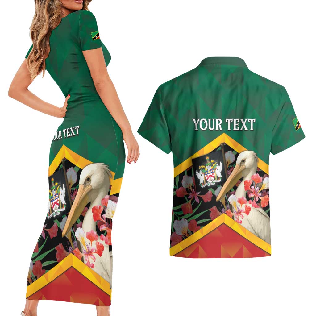 Personalized Saint Kitts and Nevis Couples Matching Short Sleeve Bodycon Dress and Hawaiian Shirt Pelican With Poinciana Flowers - Wonder Print Shop