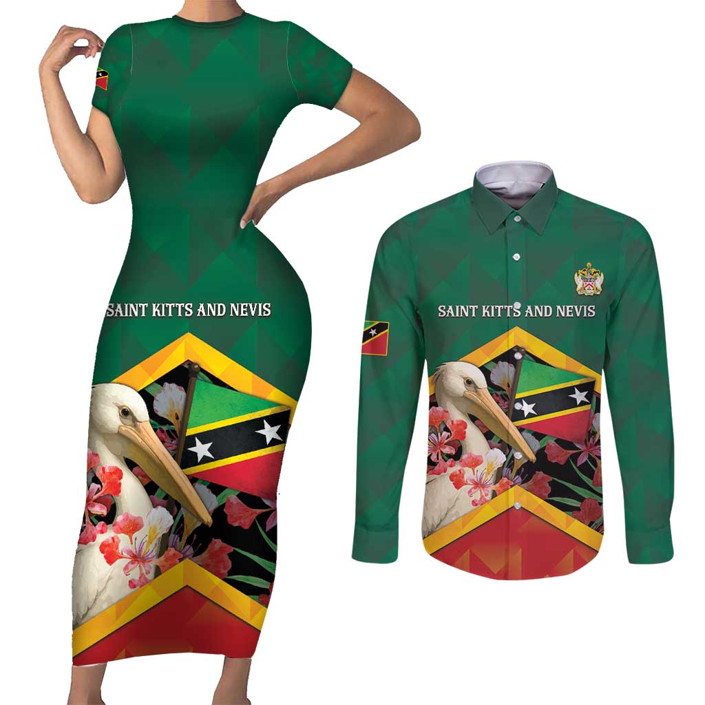 Personalized Saint Kitts and Nevis Couples Matching Short Sleeve Bodycon Dress and Long Sleeve Button Shirt Pelican With Poinciana Flowers - Wonder Print Shop