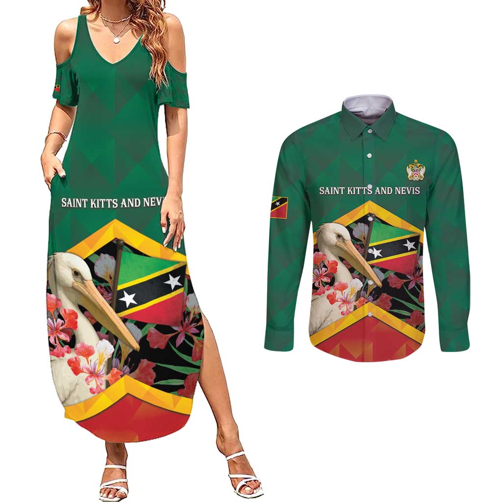 Personalized Saint Kitts and Nevis Couples Matching Summer Maxi Dress and Long Sleeve Button Shirt Pelican With Poinciana Flowers - Wonder Print Shop