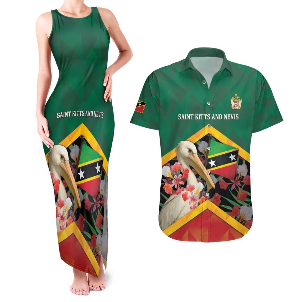 Personalized Saint Kitts and Nevis Couples Matching Tank Maxi Dress and Hawaiian Shirt Pelican With Poinciana Flowers - Wonder Print Shop