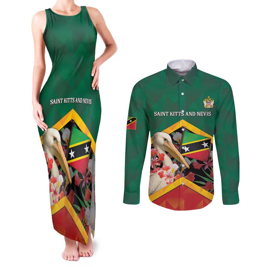 Personalized Saint Kitts and Nevis Couples Matching Tank Maxi Dress and Long Sleeve Button Shirt Pelican With Poinciana Flowers - Wonder Print Shop
