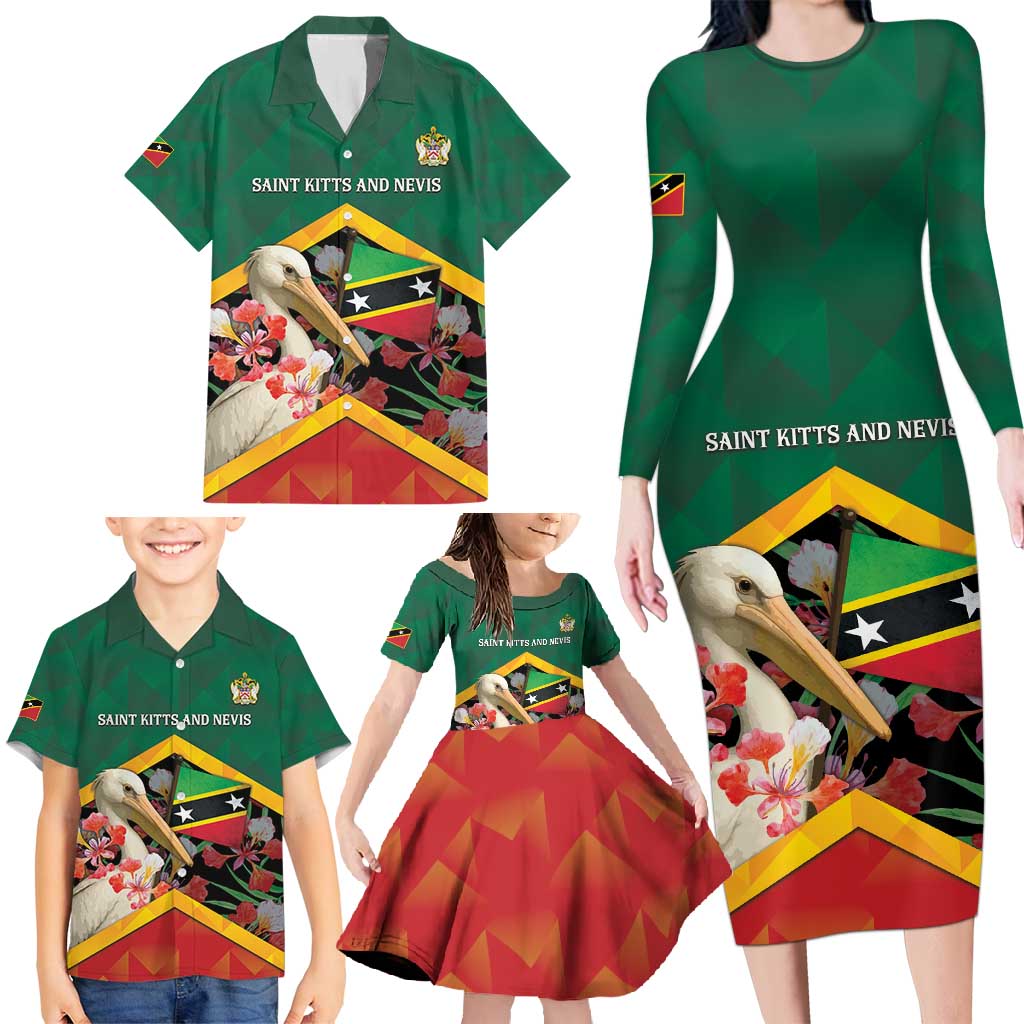 Personalized Saint Kitts and Nevis Family Matching Long Sleeve Bodycon Dress and Hawaiian Shirt Pelican With Poinciana Flowers - Wonder Print Shop