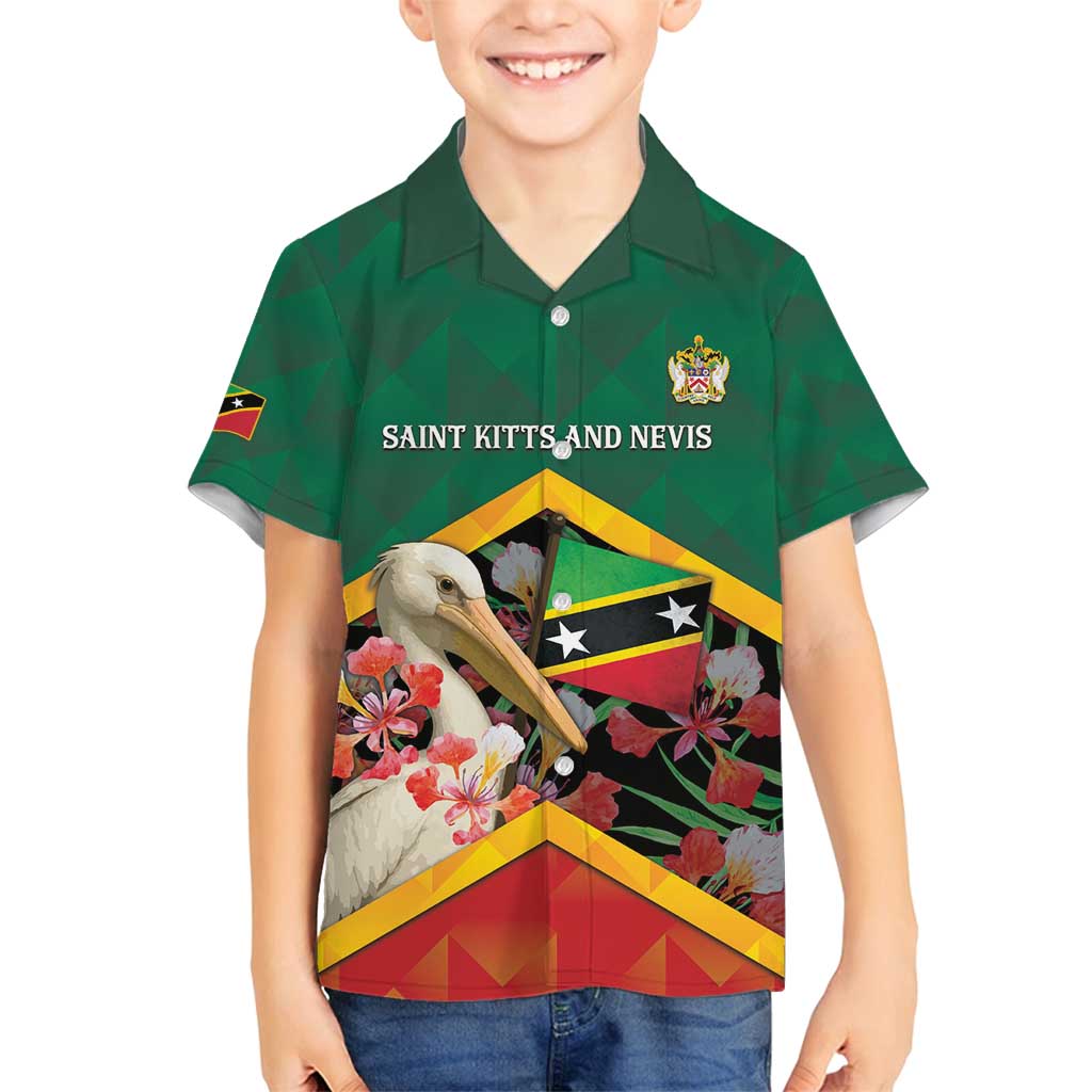 Personalized Saint Kitts and Nevis Family Matching Long Sleeve Bodycon Dress and Hawaiian Shirt Pelican With Poinciana Flowers - Wonder Print Shop