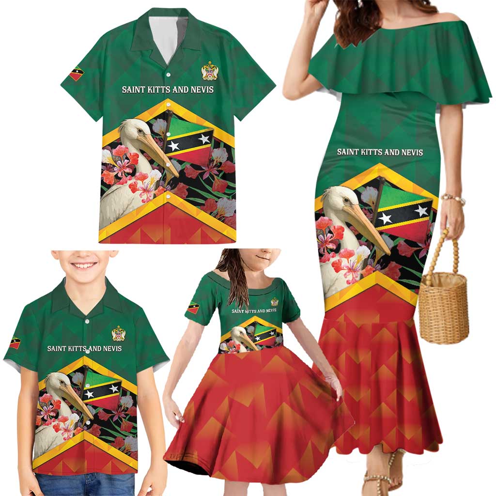 Personalized Saint Kitts and Nevis Family Matching Mermaid Dress and Hawaiian Shirt Pelican With Poinciana Flowers - Wonder Print Shop