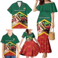Personalized Saint Kitts and Nevis Family Matching Mermaid Dress and Hawaiian Shirt Pelican With Poinciana Flowers - Wonder Print Shop