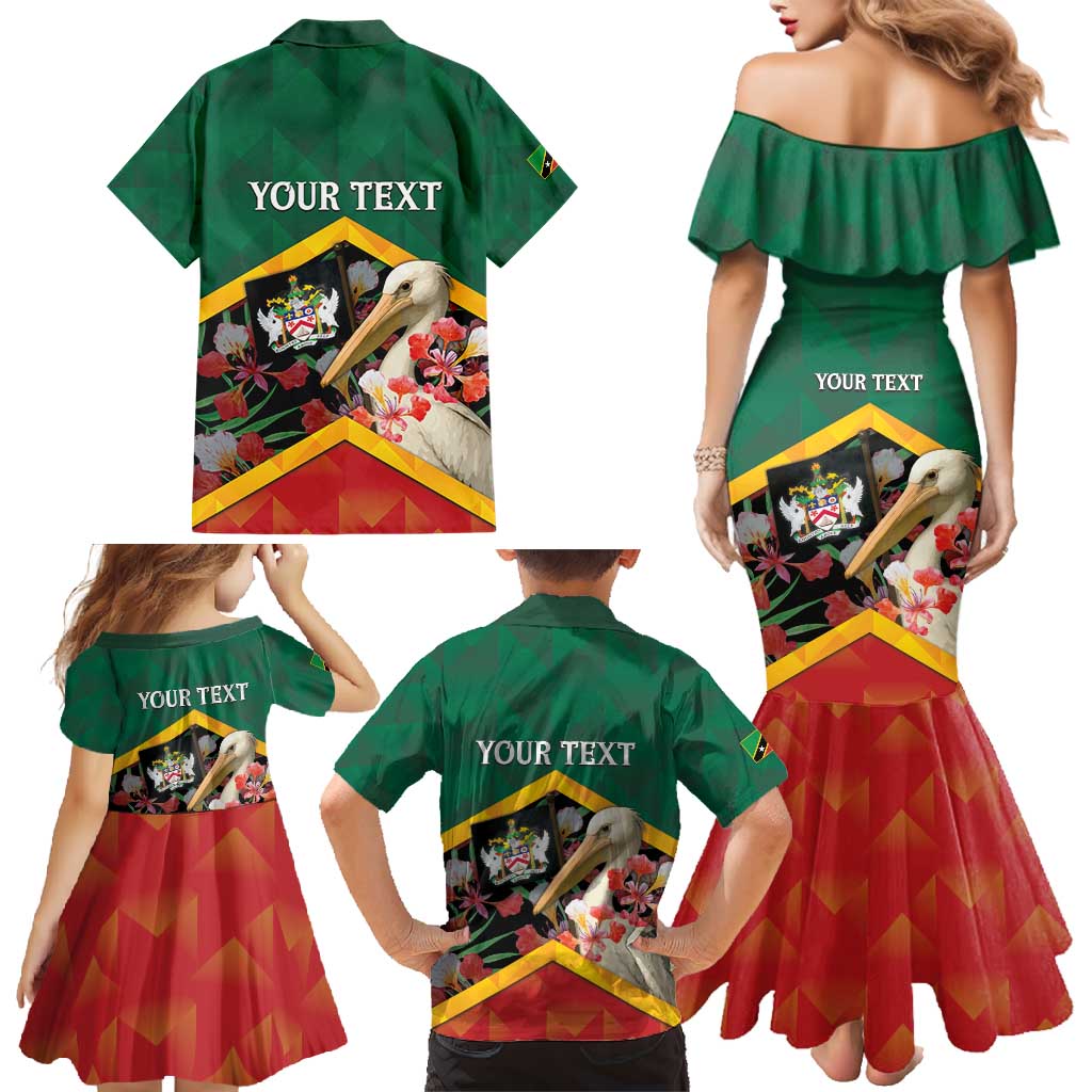 Personalized Saint Kitts and Nevis Family Matching Mermaid Dress and Hawaiian Shirt Pelican With Poinciana Flowers - Wonder Print Shop