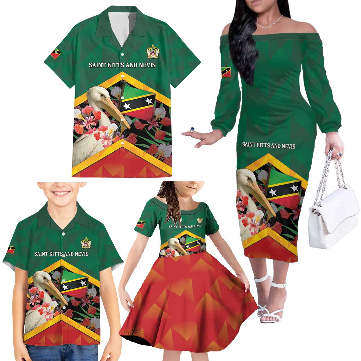 Personalized Saint Kitts and Nevis Family Matching Off The Shoulder Long Sleeve Dress and Hawaiian Shirt Pelican With Poinciana Flowers - Wonder Print Shop