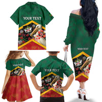 Personalized Saint Kitts and Nevis Family Matching Off The Shoulder Long Sleeve Dress and Hawaiian Shirt Pelican With Poinciana Flowers - Wonder Print Shop
