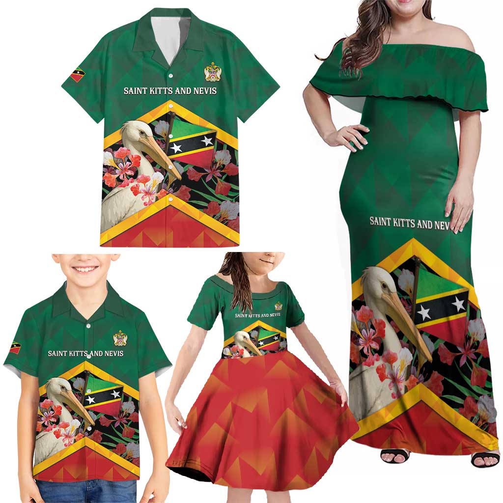 Personalized Saint Kitts and Nevis Family Matching Off Shoulder Maxi Dress and Hawaiian Shirt Pelican With Poinciana Flowers - Wonder Print Shop