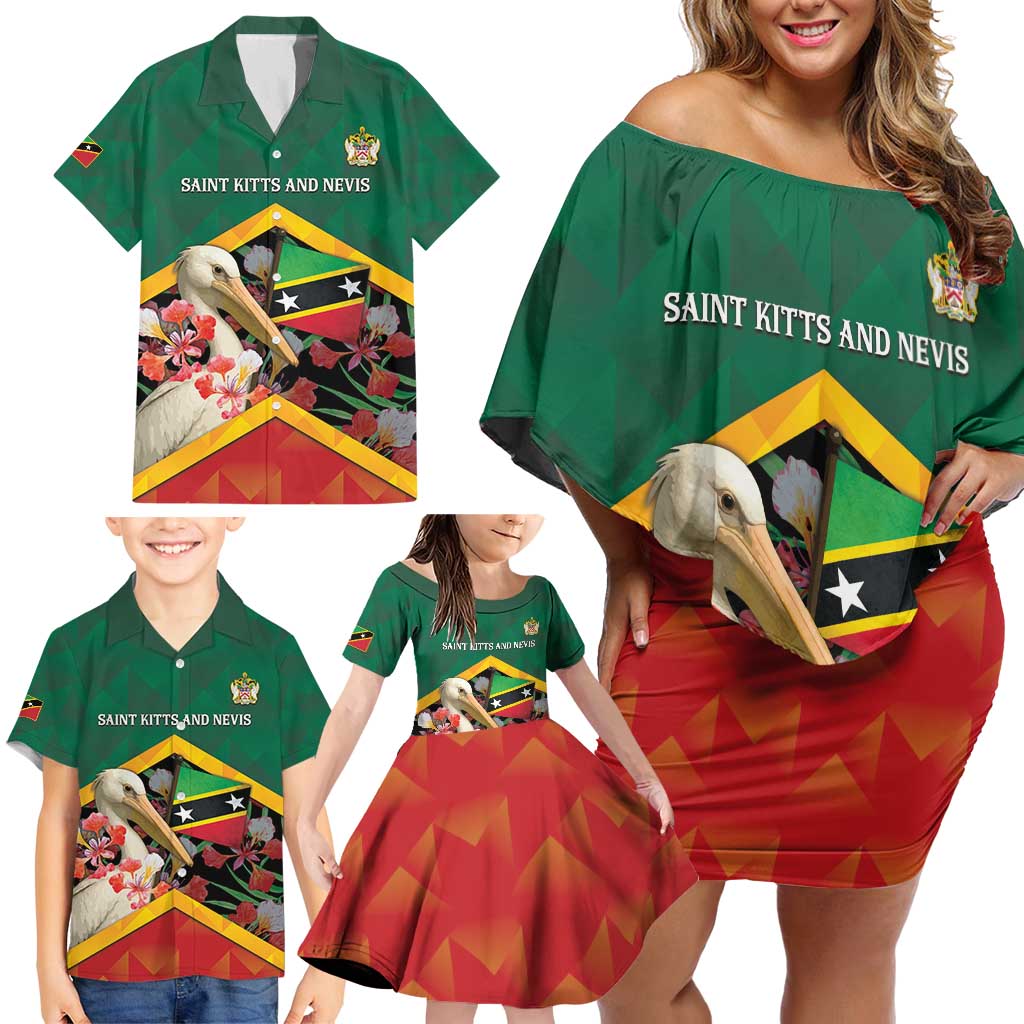 Personalized Saint Kitts and Nevis Family Matching Off Shoulder Short Dress and Hawaiian Shirt Pelican With Poinciana Flowers - Wonder Print Shop