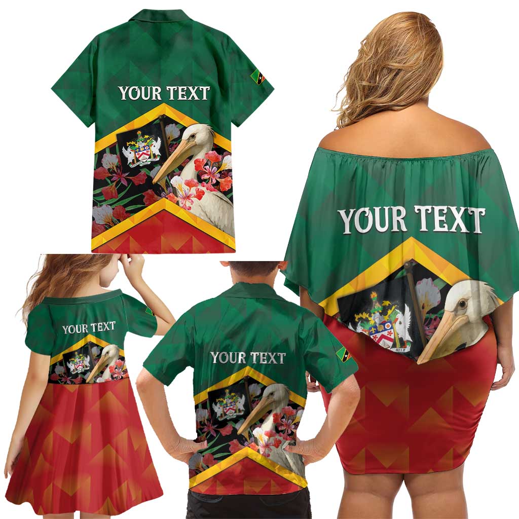 Personalized Saint Kitts and Nevis Family Matching Off Shoulder Short Dress and Hawaiian Shirt Pelican With Poinciana Flowers - Wonder Print Shop