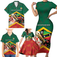 Personalized Saint Kitts and Nevis Family Matching Short Sleeve Bodycon Dress and Hawaiian Shirt Pelican With Poinciana Flowers - Wonder Print Shop