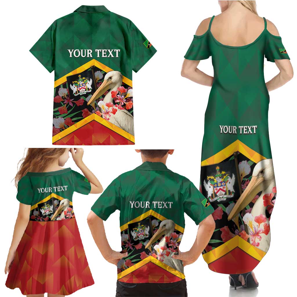 Personalized Saint Kitts and Nevis Family Matching Summer Maxi Dress and Hawaiian Shirt Pelican With Poinciana Flowers - Wonder Print Shop