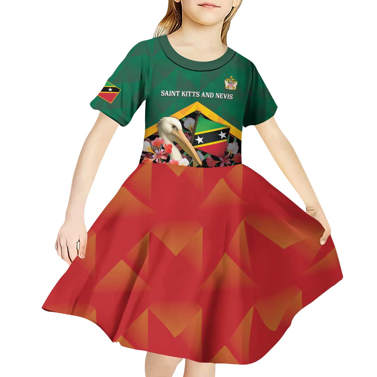 Personalized Saint Kitts and Nevis Kid Short Sleeve Dress Pelican With Poinciana Flowers - Wonder Print Shop