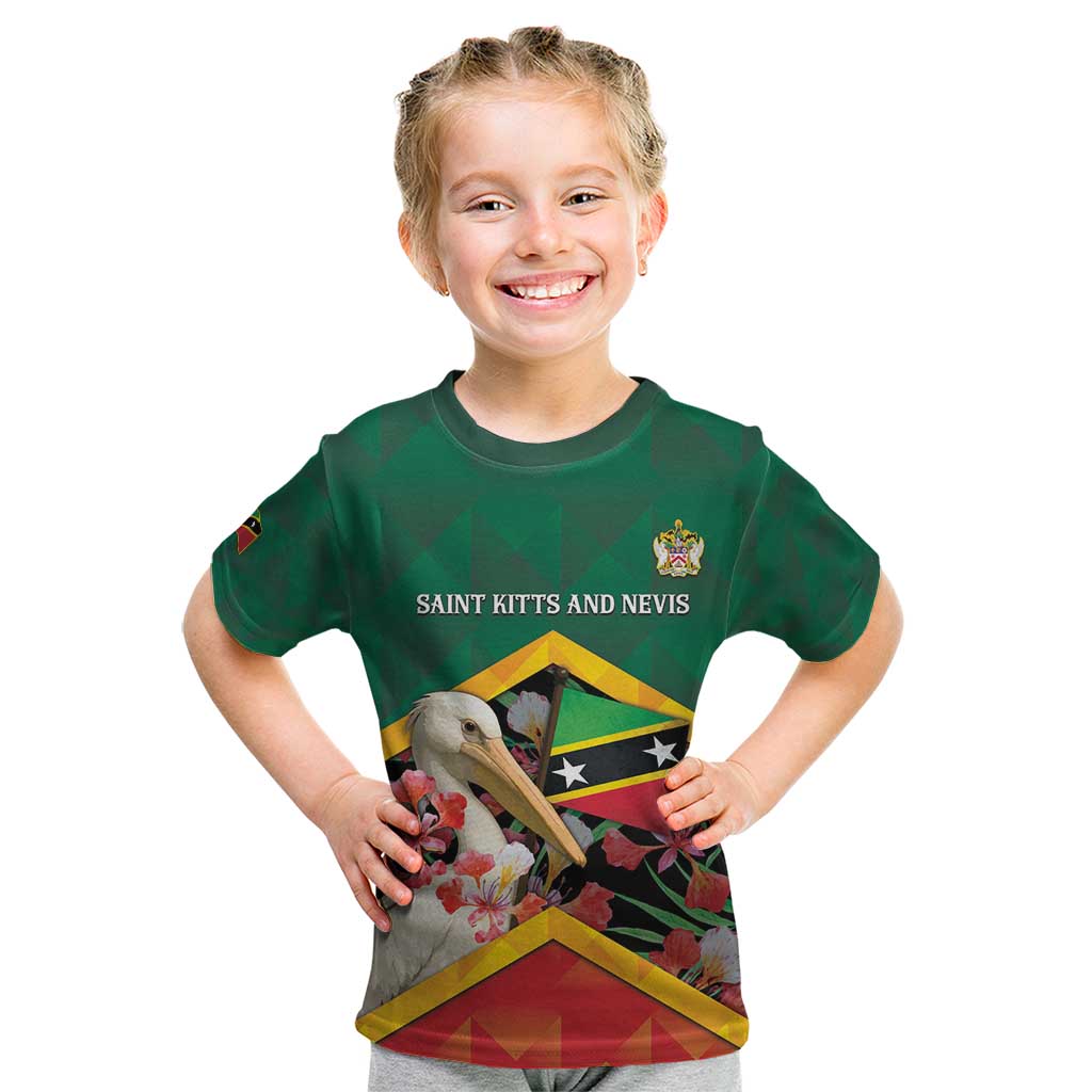 Personalized Saint Kitts and Nevis Kid T Shirt Pelican With Poinciana Flowers - Wonder Print Shop