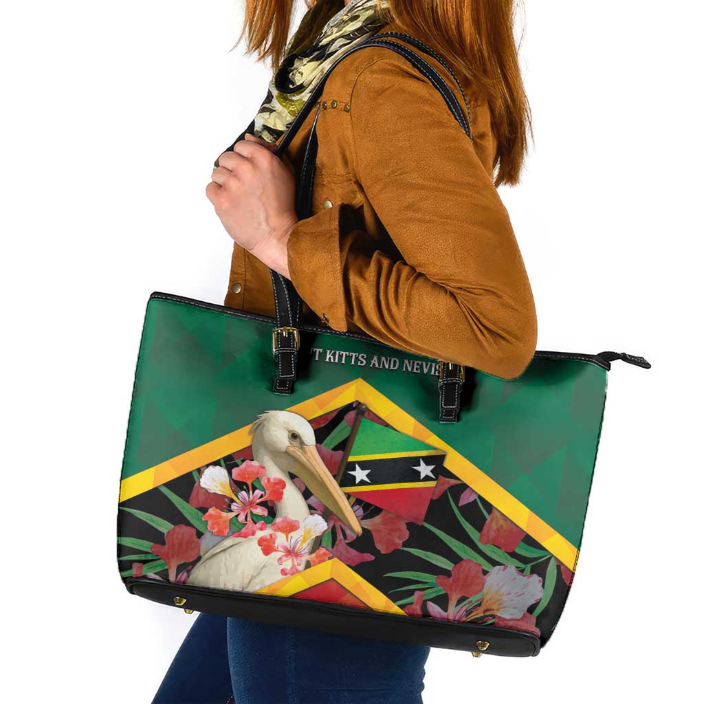 Saint Kitts and Nevis Leather Tote Bag Pelican With Poinciana Flowers - Wonder Print Shop