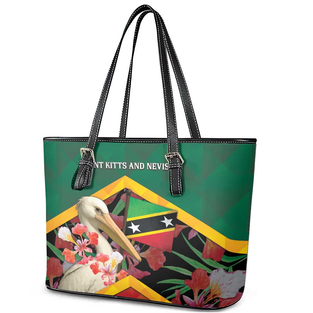 Saint Kitts and Nevis Leather Tote Bag Pelican With Poinciana Flowers - Wonder Print Shop