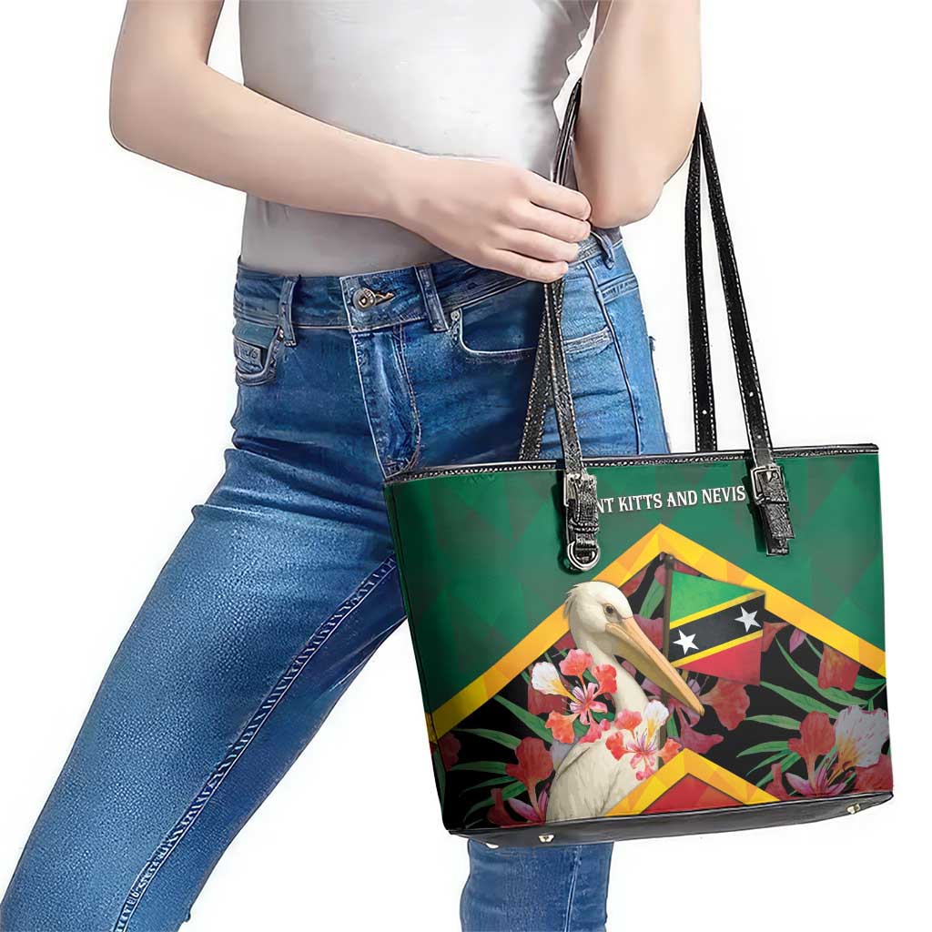 Saint Kitts and Nevis Leather Tote Bag Pelican With Poinciana Flowers - Wonder Print Shop