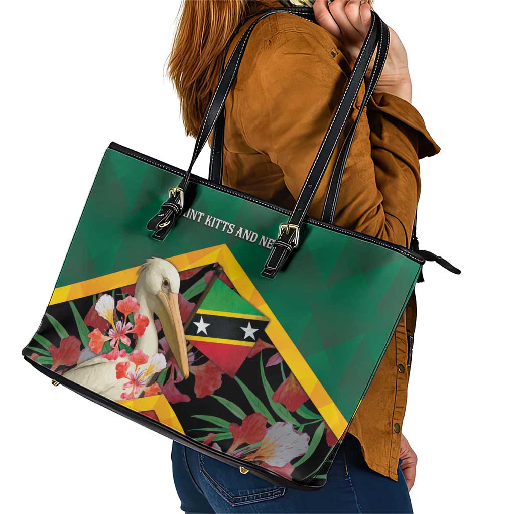 Saint Kitts and Nevis Leather Tote Bag Pelican With Poinciana Flowers - Wonder Print Shop