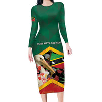 Personalized Saint Kitts and Nevis Long Sleeve Bodycon Dress Pelican With Poinciana Flowers - Wonder Print Shop