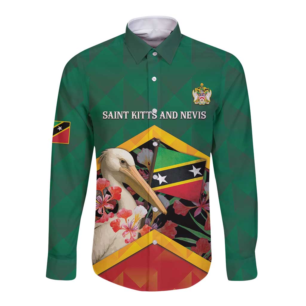 Personalized Saint Kitts and Nevis Long Sleeve Button Shirt Pelican With Poinciana Flowers - Wonder Print Shop