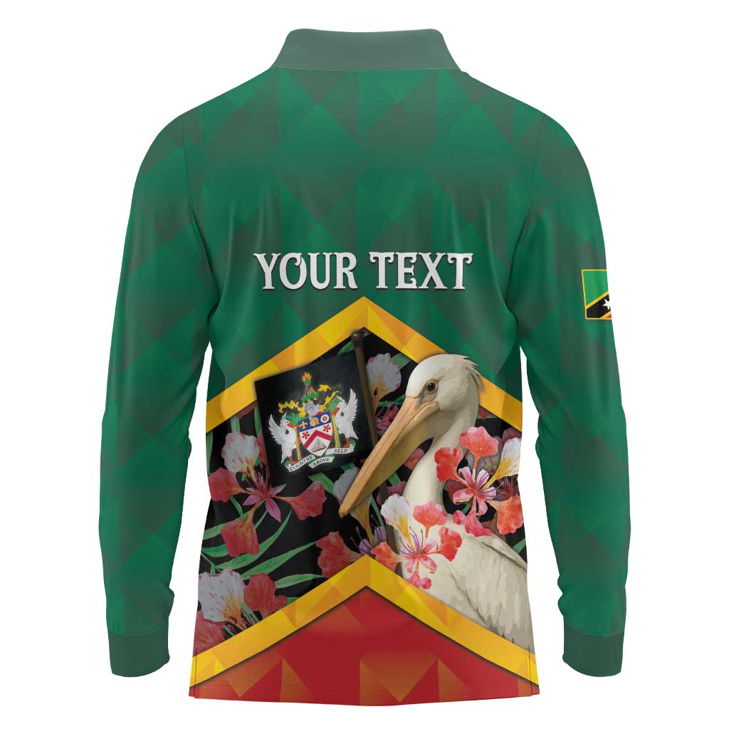 Personalized Saint Kitts and Nevis Long Sleeve Polo Shirt Pelican With Poinciana Flowers - Wonder Print Shop