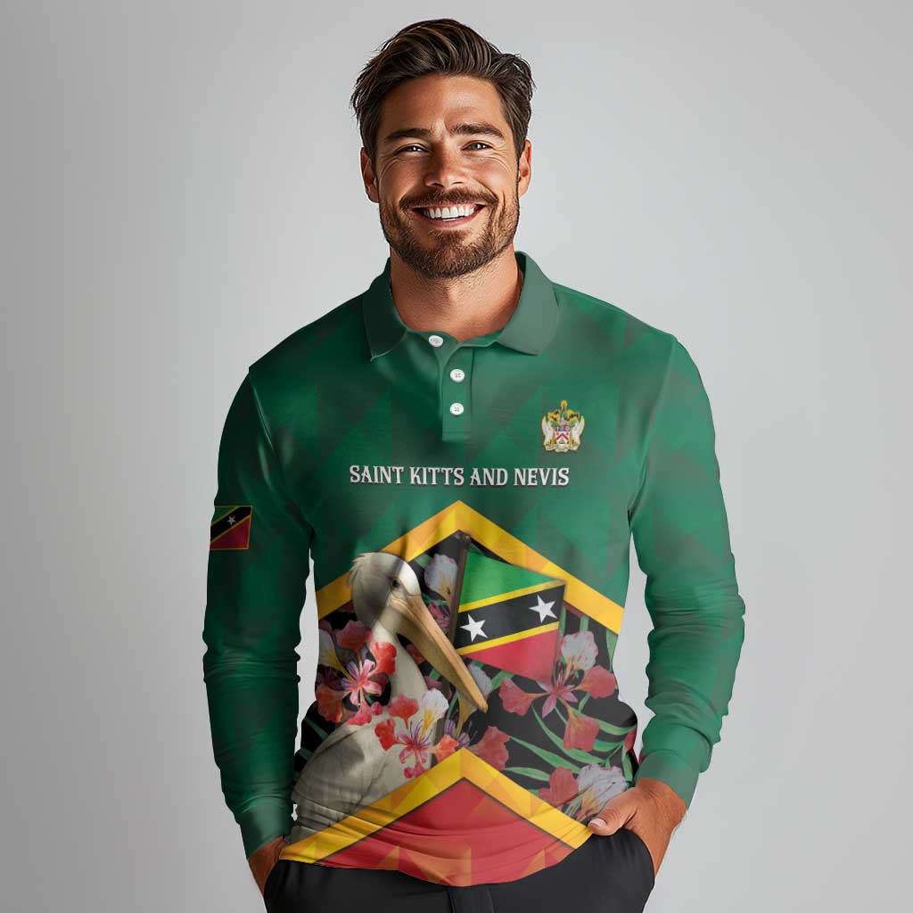 Personalized Saint Kitts and Nevis Long Sleeve Polo Shirt Pelican With Poinciana Flowers - Wonder Print Shop