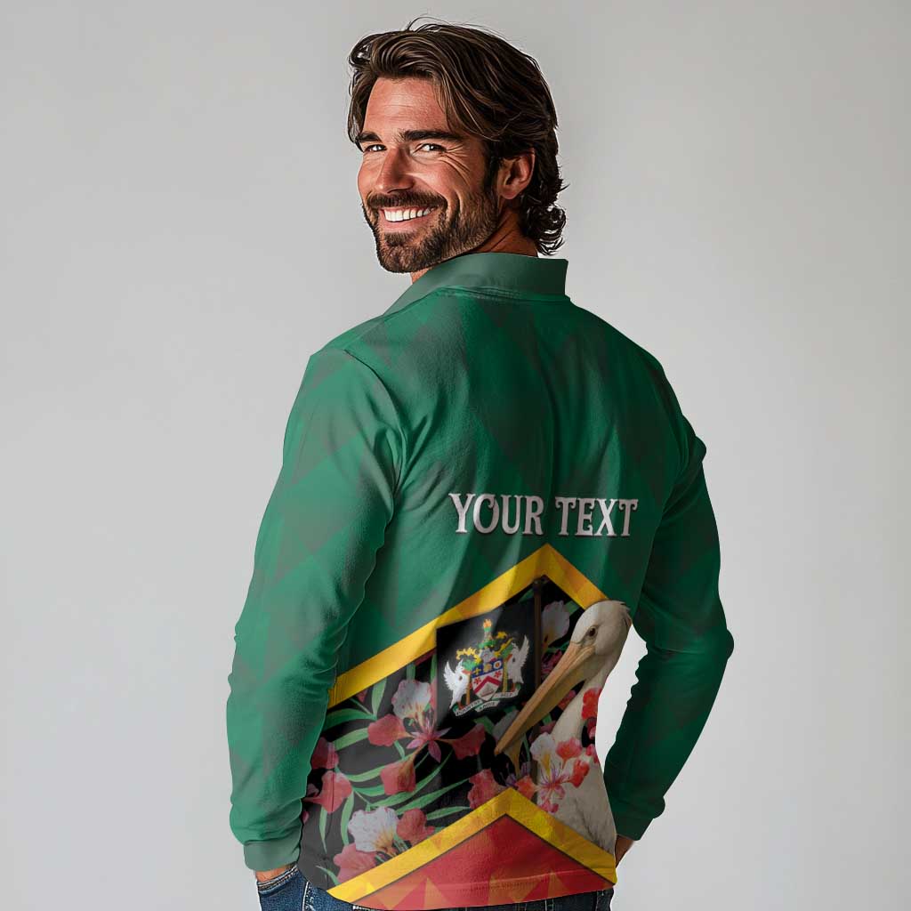 Personalized Saint Kitts and Nevis Long Sleeve Polo Shirt Pelican With Poinciana Flowers - Wonder Print Shop