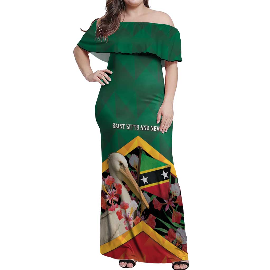 Personalized Saint Kitts and Nevis Off Shoulder Maxi Dress Pelican With Poinciana Flowers - Wonder Print Shop