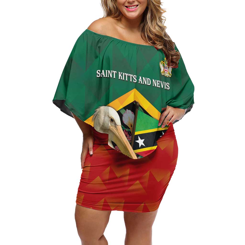 Personalized Saint Kitts and Nevis Off Shoulder Short Dress Pelican With Poinciana Flowers - Wonder Print Shop
