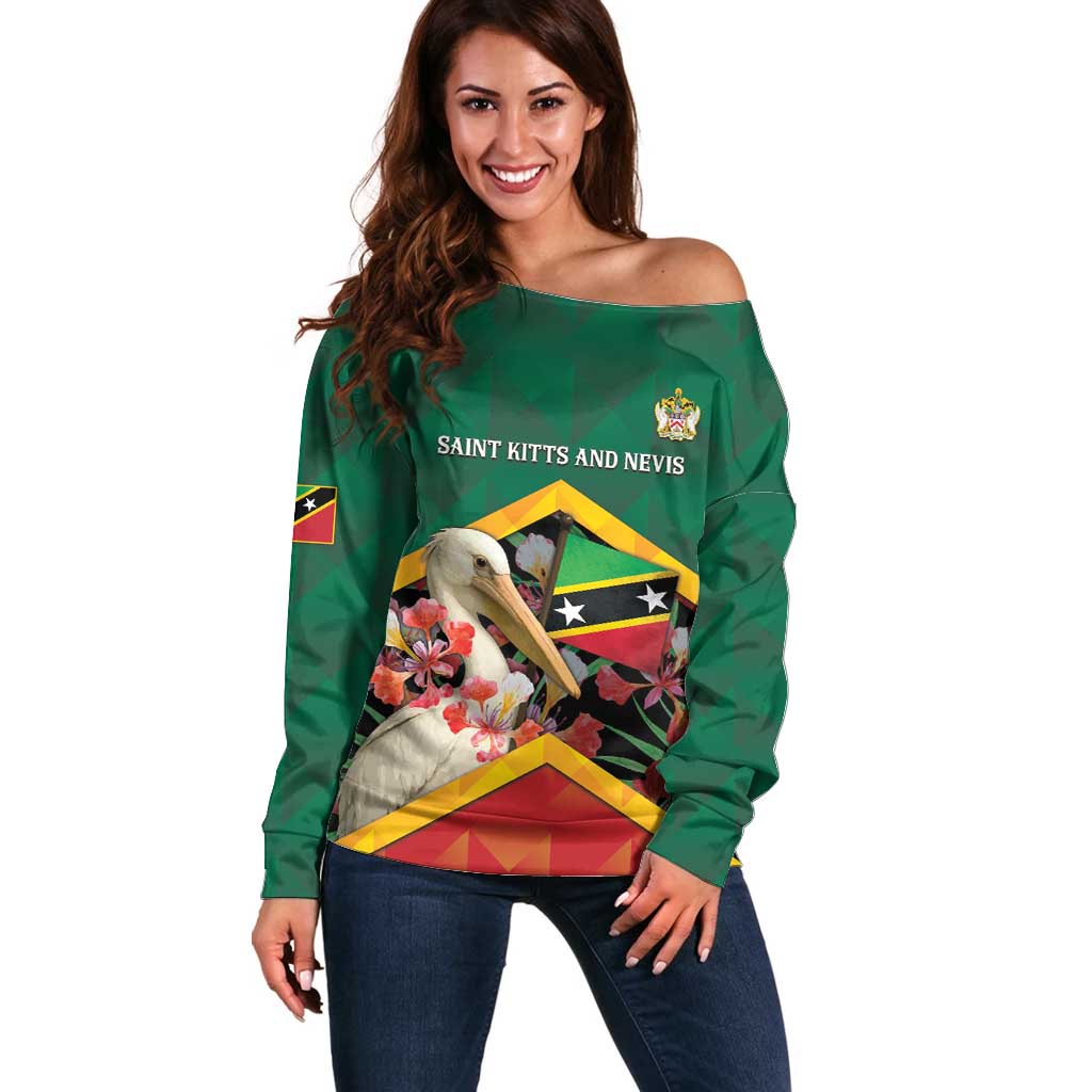 Personalized Saint Kitts and Nevis Off Shoulder Sweater Pelican With Poinciana Flowers - Wonder Print Shop