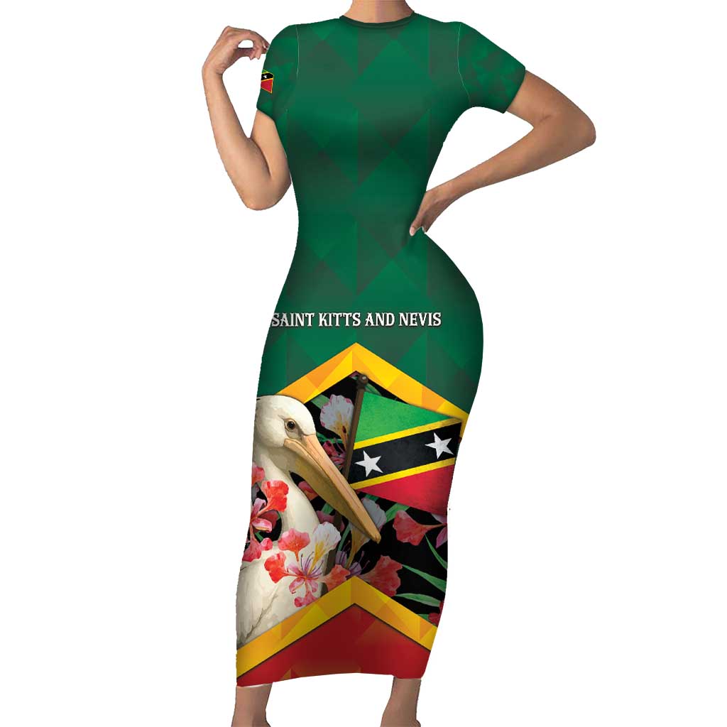 Personalized Saint Kitts and Nevis Short Sleeve Bodycon Dress Pelican With Poinciana Flowers - Wonder Print Shop