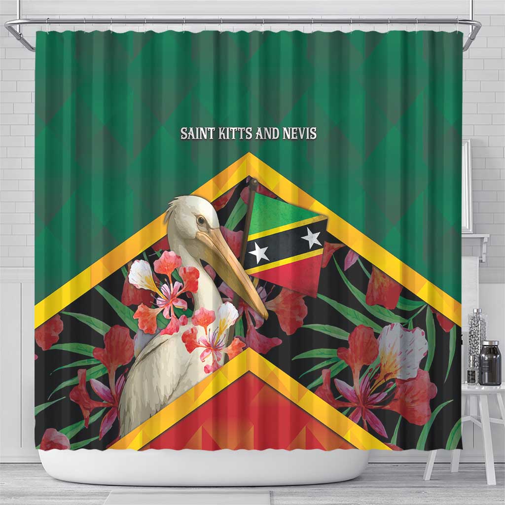 Saint Kitts and Nevis Shower Curtain Pelican With Poinciana Flowers - Wonder Print Shop