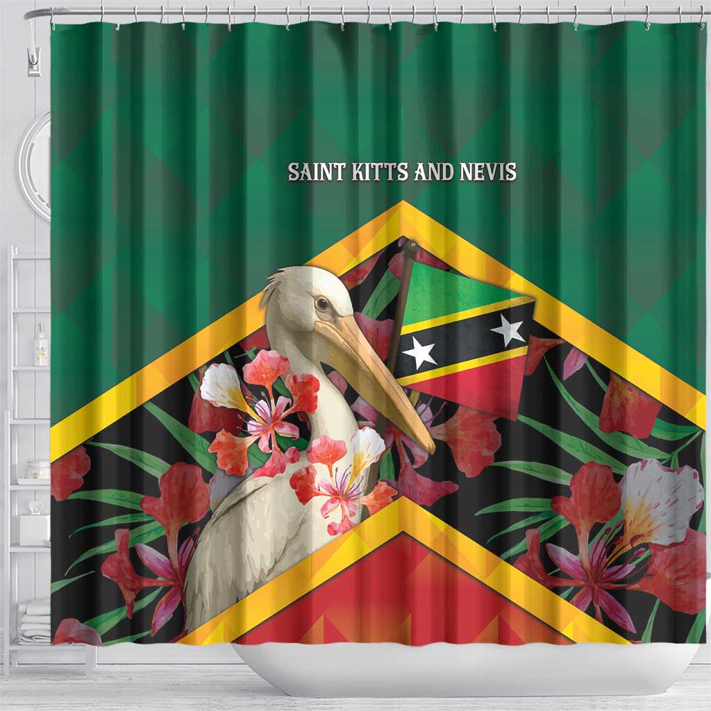 Saint Kitts and Nevis Shower Curtain Pelican With Poinciana Flowers - Wonder Print Shop