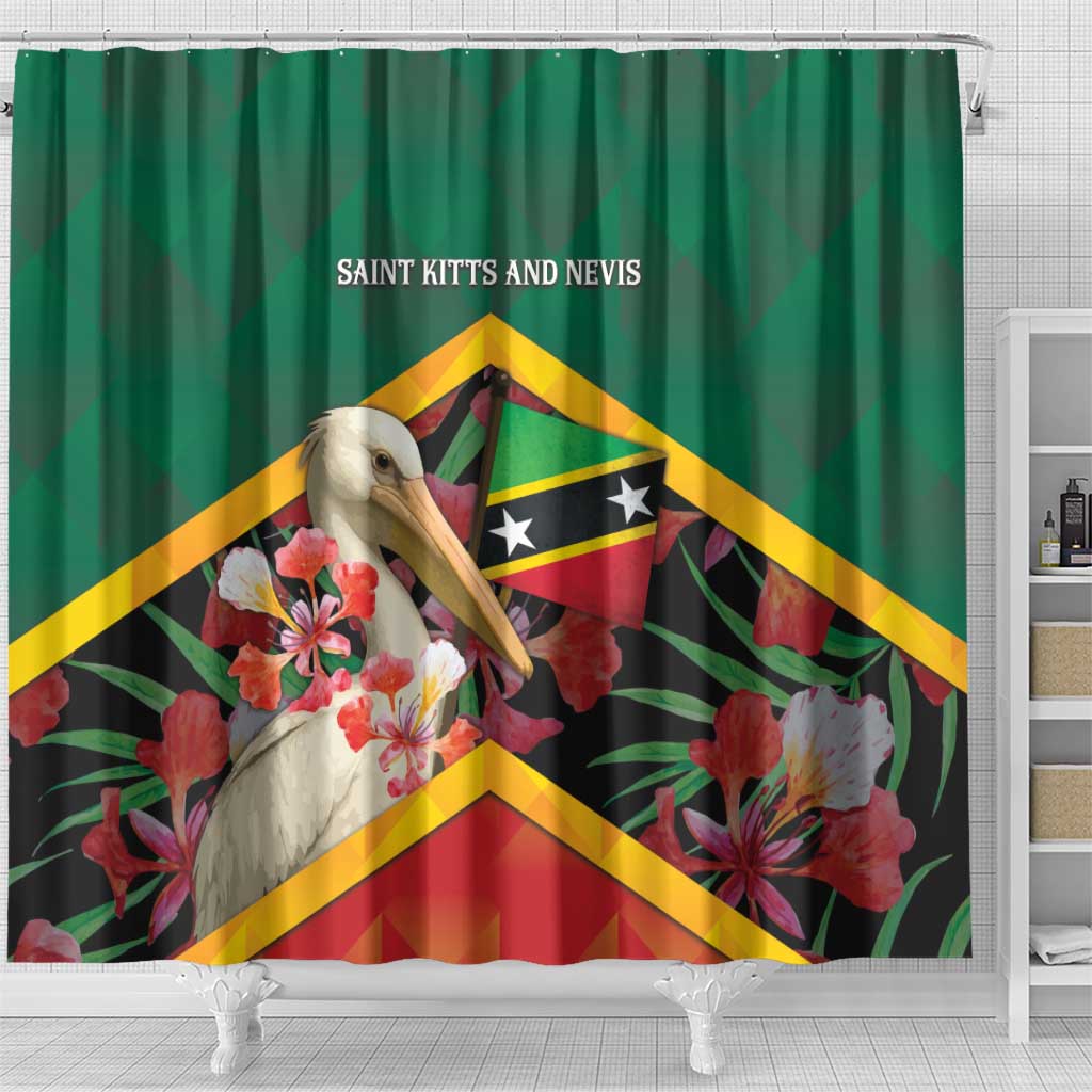 Saint Kitts and Nevis Shower Curtain Pelican With Poinciana Flowers - Wonder Print Shop