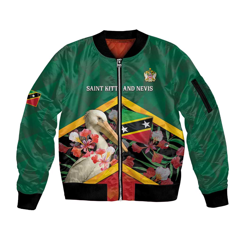 Personalized Saint Kitts and Nevis Sleeve Zip Bomber Jacket Pelican With Poinciana Flowers - Wonder Print Shop