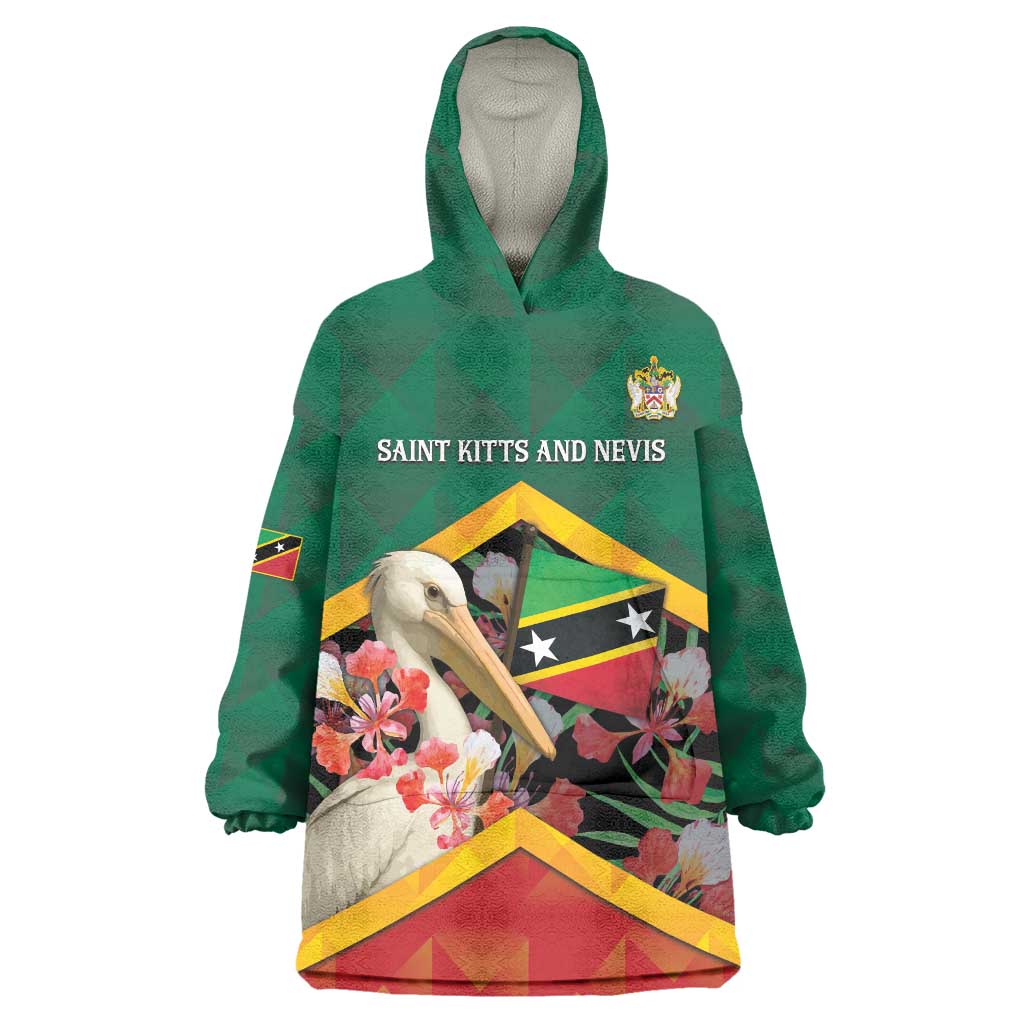 Personalized Saint Kitts and Nevis Wearable Blanket Hoodie Pelican With Poinciana Flowers - Wonder Print Shop