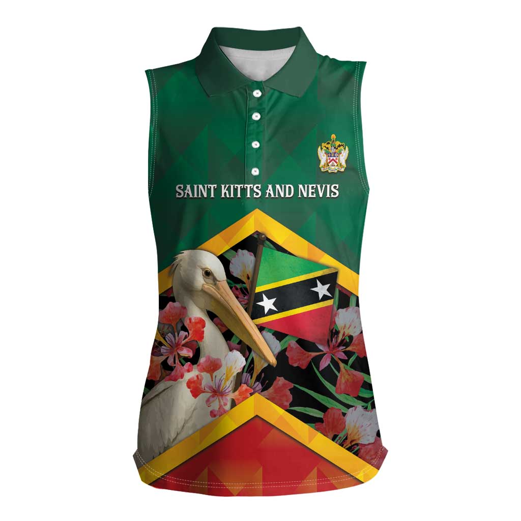 Personalized Saint Kitts and Nevis Women Sleeveless Polo Shirt Pelican With Poinciana Flowers - Wonder Print Shop