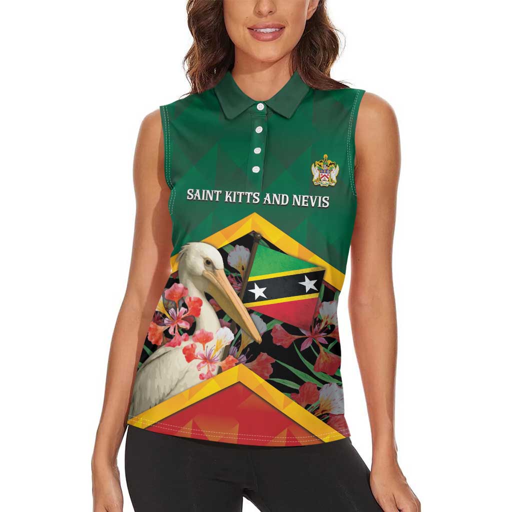 Personalized Saint Kitts and Nevis Women Sleeveless Polo Shirt Pelican With Poinciana Flowers - Wonder Print Shop