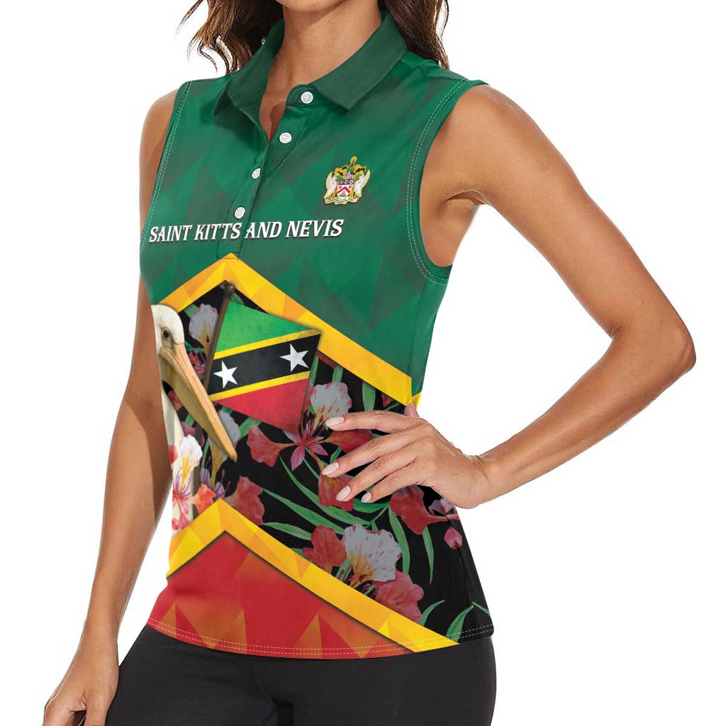 Personalized Saint Kitts and Nevis Women Sleeveless Polo Shirt Pelican With Poinciana Flowers - Wonder Print Shop