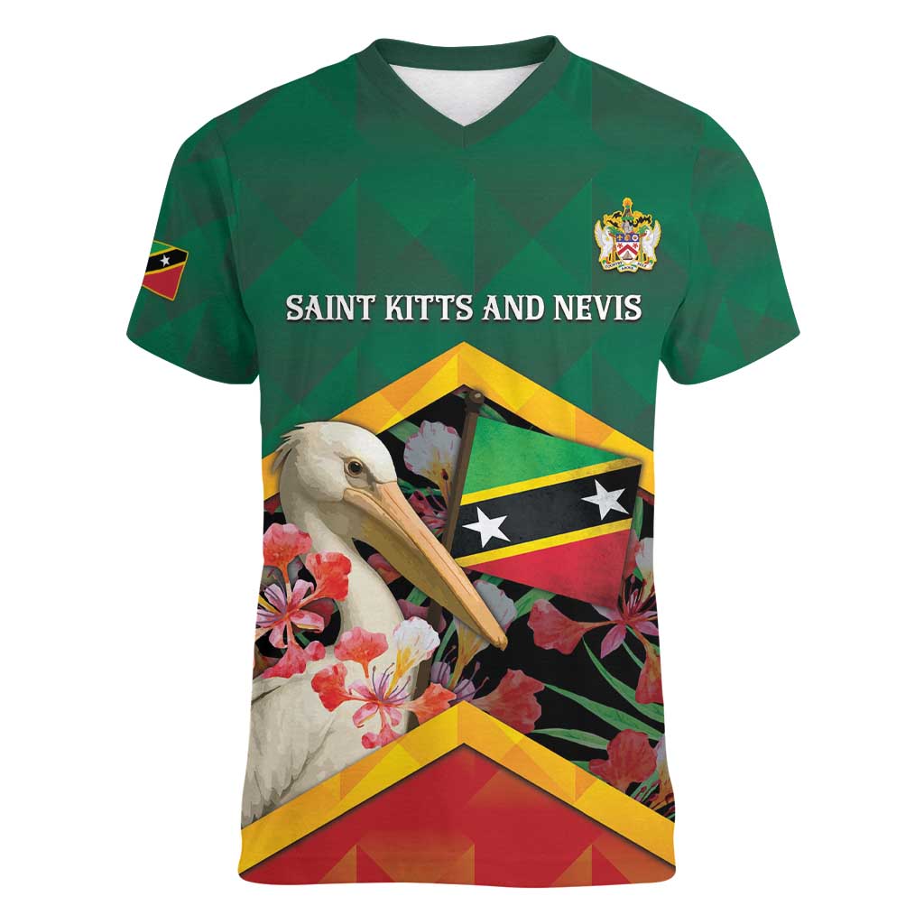 Personalized Saint Kitts and Nevis Women V-Neck T-Shirt Pelican With Poinciana Flowers - Wonder Print Shop