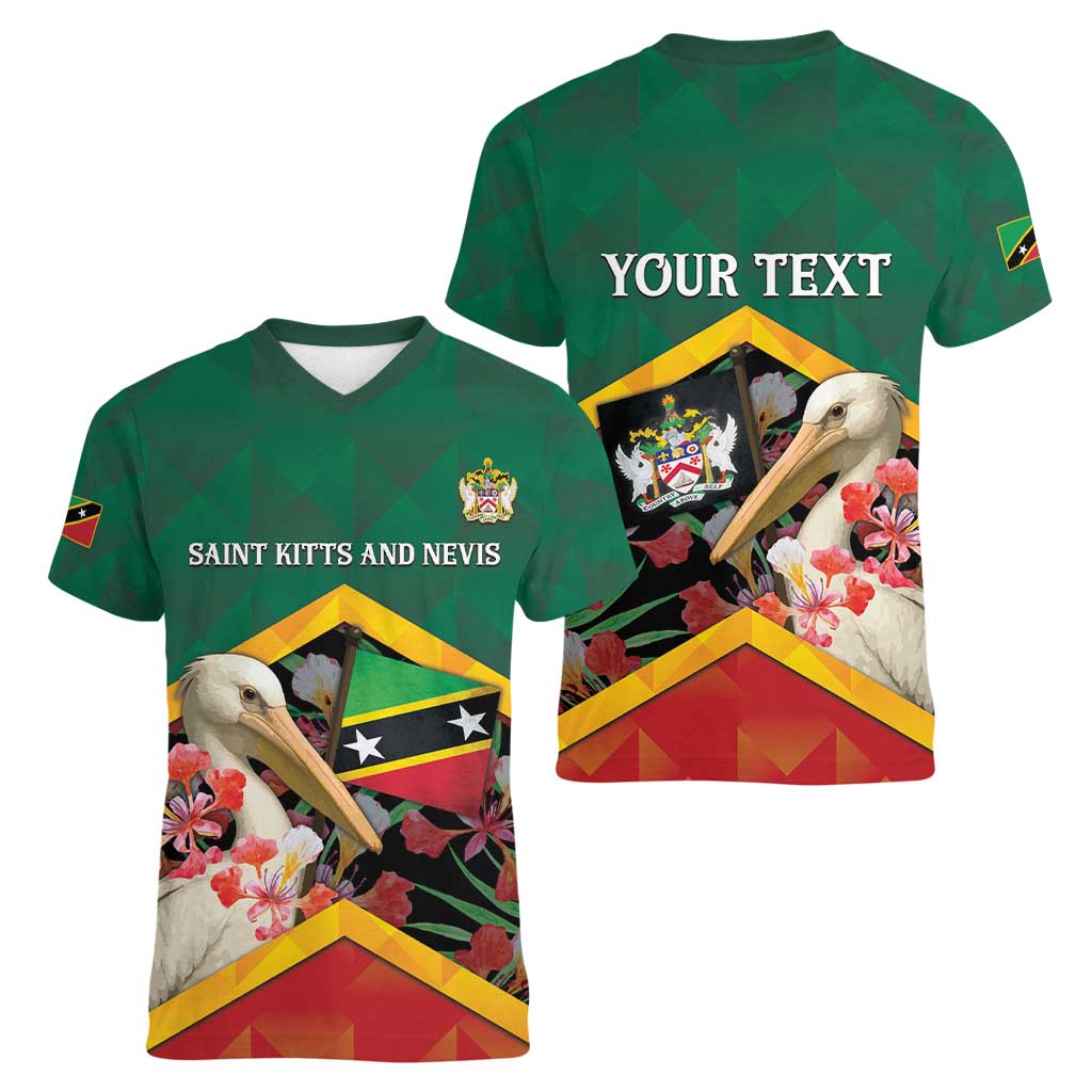 Personalized Saint Kitts and Nevis Women V-Neck T-Shirt Pelican With Poinciana Flowers - Wonder Print Shop